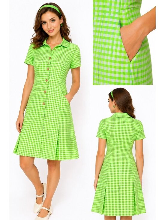 Miss Smith Dresses & Skirts - VTG 1960s Miss Smith Lime Grn Gingham Shirt Dress Mod Cottagecore Pockets Sz M